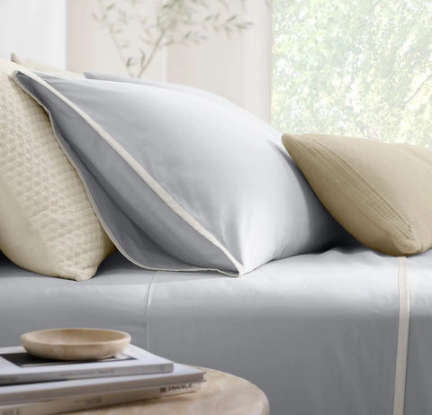 Percale Hemmed Sheet Set Sky/White Framed