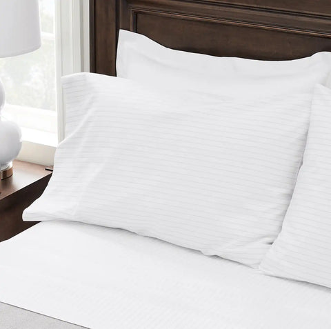 Percale Hemmed Pillowcase Set White/Pewter Simple Stripe
