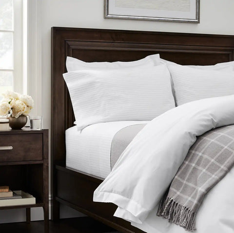 Percale Hemmed Sheet Set White/Pewter Simple Stripe