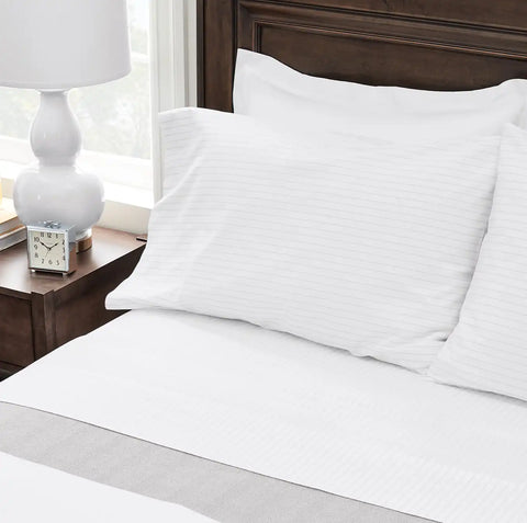 Percale Hemmed Sheet Set White/Pewter Simple Stripe