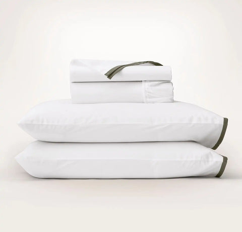 Percale Hemmed Sheet Set White/Juniper Framed