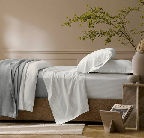 Percale Hemmed Sheet Set White/Oak Simple Stripe