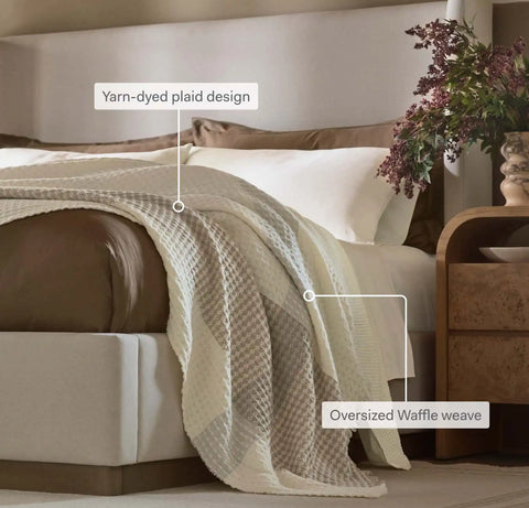 Heirloom Waffle Merino Bed Blanket Cream/Pewter/Twig Plaid