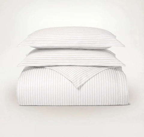 Percale Hemmed Duvet Set White/Oak Simple Stripe