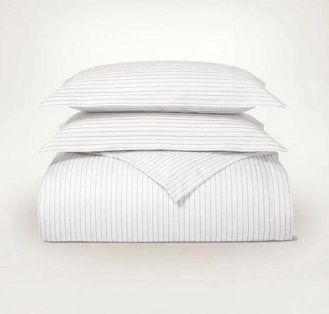 Percale Hemmed Duvet Set White/Pewter Simple Stripe