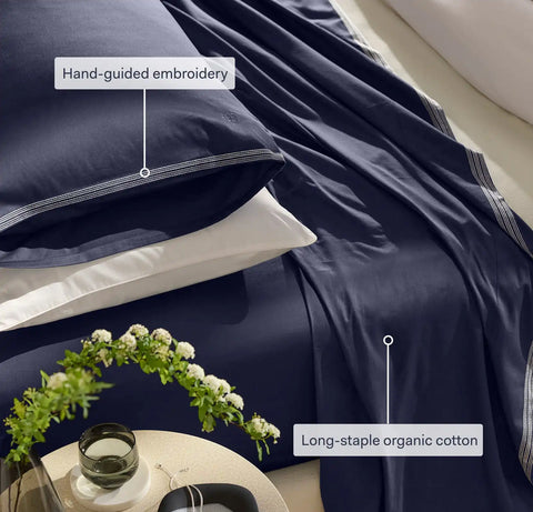 Percale Embellished Pillowcase Set Coastal Navy/White Sail Stitch