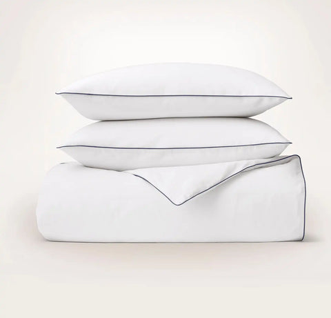 Percale Embellished Duvet Set White/Coastal Navy Piped Edge