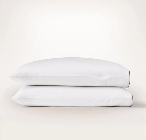 Percale Embellished Pillowcase Set White/Coastal Navy Piped Edge