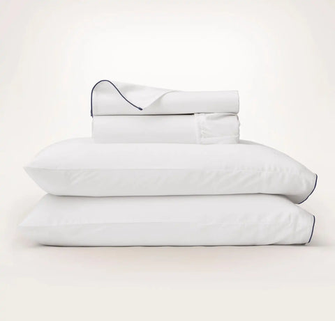 Percale Embellished Sheet Set White/Coastal Navy Piped Edge
