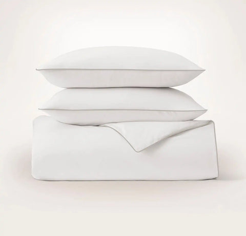 Percale Embellished Duvet Set White/Pewter Piped Edge