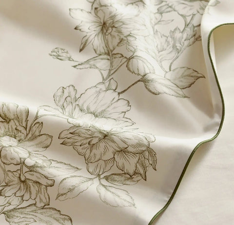 Signature Embellished Sheet Set Cream/Olivine Etched Peony Piped Edge