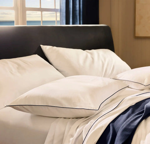 Signature Embellished Duvet Set White/Coastal Navy Piped Edge