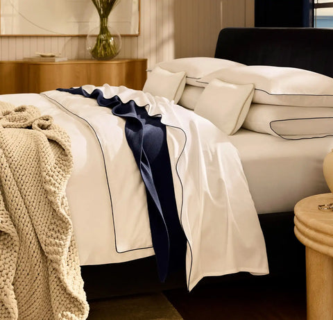 Signature Embellished Duvet Set White/Coastal Navy Piped Edge