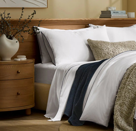 Percale Embellished Sheet Set White/Coastal Navy Piped Edge
