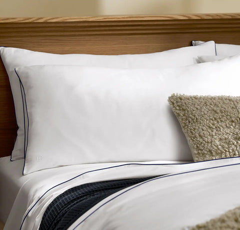 Signature Embellished Pillowcase Set White/Coastal Navy Piped Edge