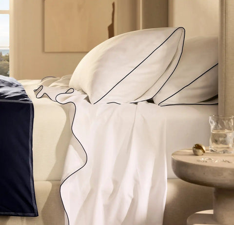 Signature Embellished Sheet Set White/Coastal Navy Piped Edge