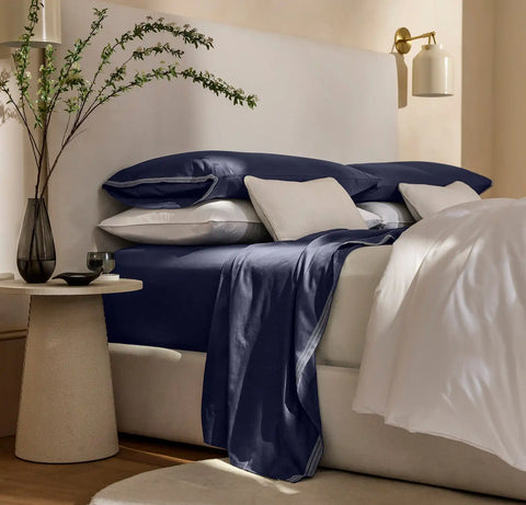Percale Embellished Sheet Set Coastal Navy/White Sail Stitch