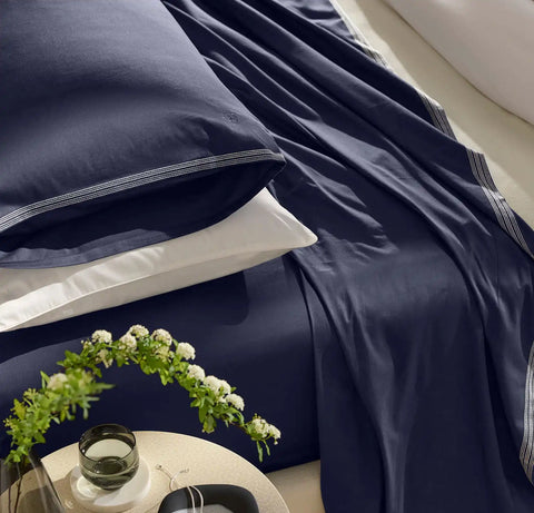 Percale Embellished Sheet Set Coastal Navy/White Sail Stitch