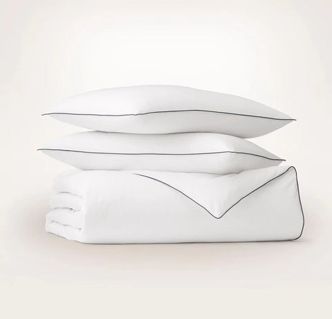 Signature Embellished Duvet Set White/Coastal Navy Piped Edge
